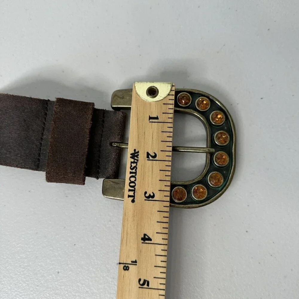 Steve Madden Belt Brown Suede Leather Brass Buckle‎ Rhinestone Size M